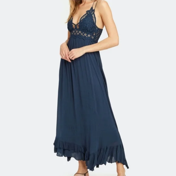 Free People adella maxi dress spaghetti strap crochet navy/dk teal - Picture 2 of 7
